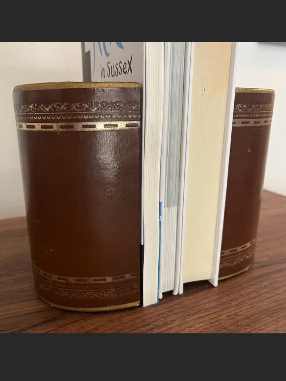 VTG MCM Brown Leather Bound Gold Gilt Half Round Weighted Bookends Home Library